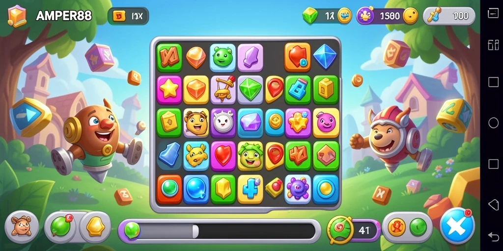Tampilan screenshot gameplay AMPER88 dengan aksi match-3 yang seru.