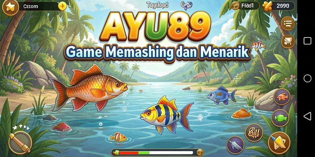Tangkapan layar AYU89 menampilkan aksi memancing yang seru dan pemandangan alam yang indah.
