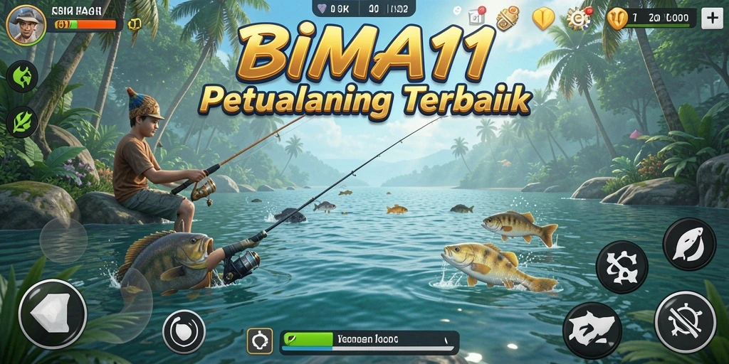 Tampilan gameplay BIMA11 yang menarik saat menangkap ikan di laut.