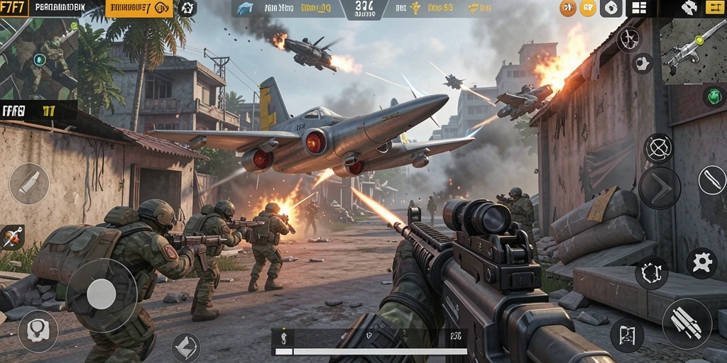 Screenshot menunjukkan aksi mendebarkan di dalam game FPS F7F7.
