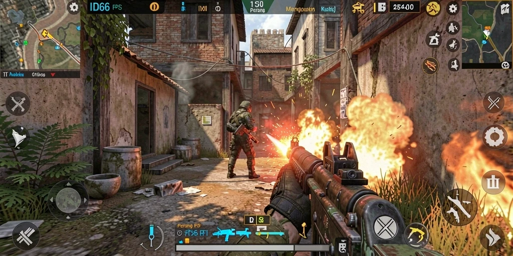 Tampilan gameplay intens di ID66 dengan pertempuran FPS.