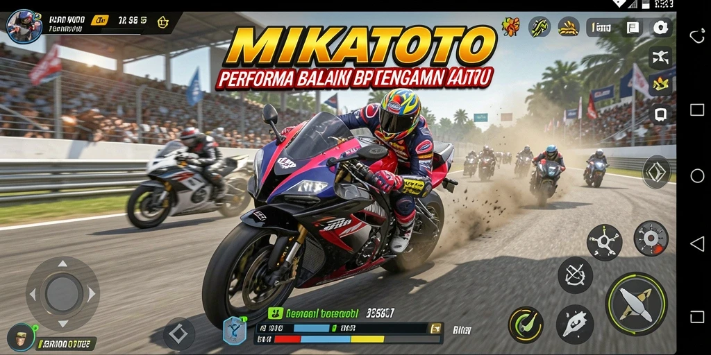 Screenshot gameplay MIKATOTO menampilkan balapan motor dengan grafis yang memukau.