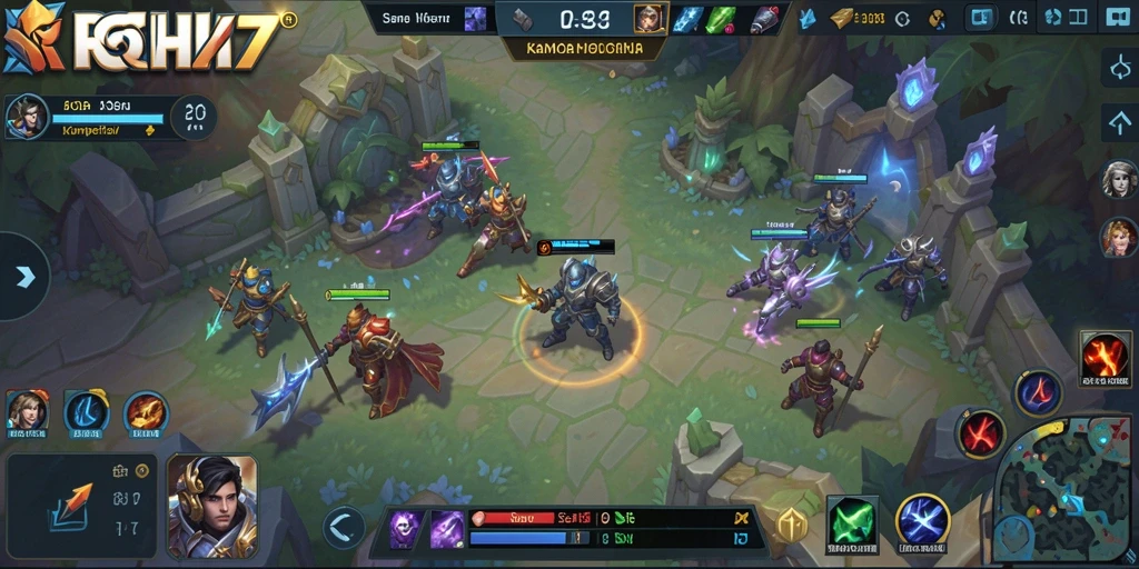 Screenshot gameplay RICH7 menampilkan aksi pertempuran MOBA yang seru.