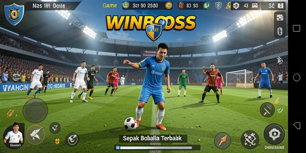 Gameplay impresif WINBOSS dengan aksi sepak bola nyata.